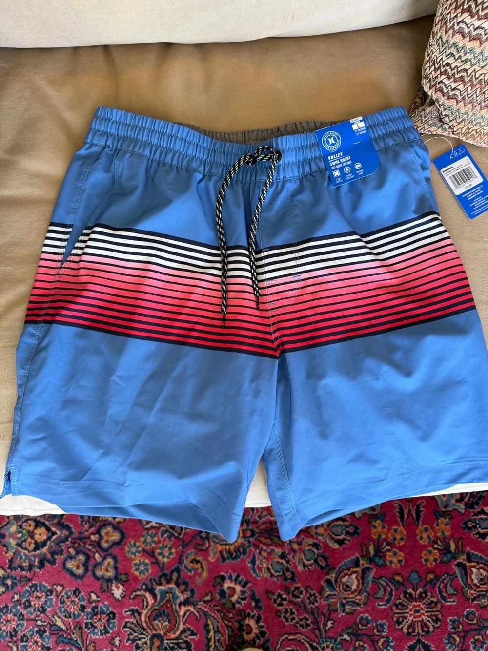Hurley Blue Swim Trunks with Pink and Black Stripe Band